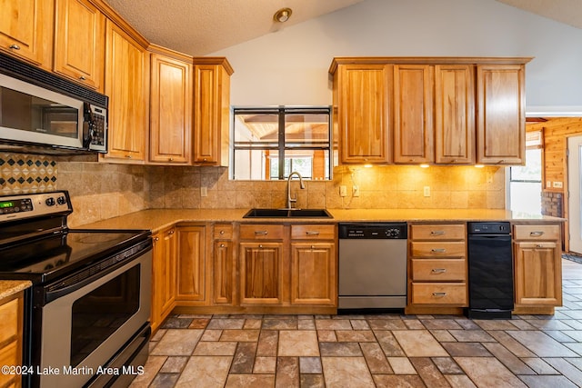 kitchen with lofted ceiling, appliances with stainless steel finishes, sink, and plenty of natural light