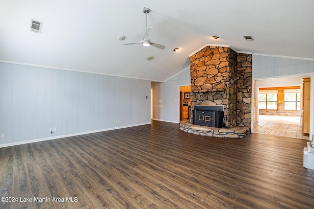 unfurnished living room featuring vaulted ceiling, ceiling fan, and dark hardwood / wood-style flooring