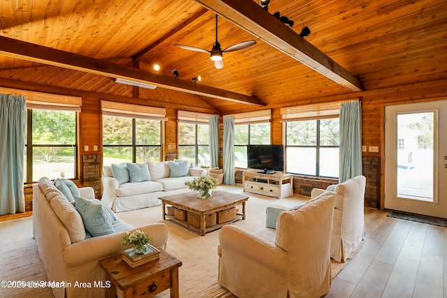 living room with light wood-type flooring, lofted ceiling with beams, wooden ceiling, and wood walls