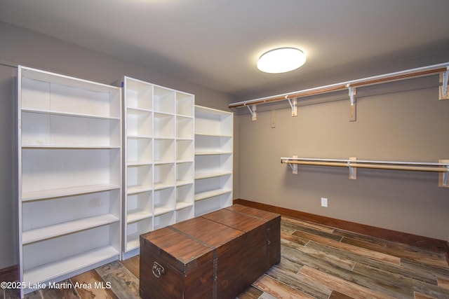 spacious closet with dark wood-style flooring