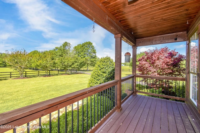wooden deck with a yard and fence