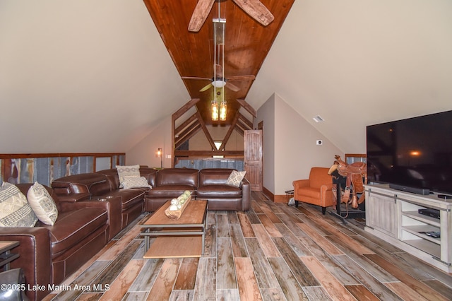 living area featuring lofted ceiling, visible vents, a ceiling fan, and wood finished floors