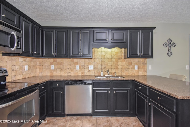 kitchen featuring stainless steel appliances, a sink, dark cabinets, and a peninsula