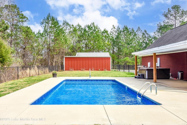 view of pool featuring a fenced in pool, a patio, a lawn, a hot tub, and a fenced backyard