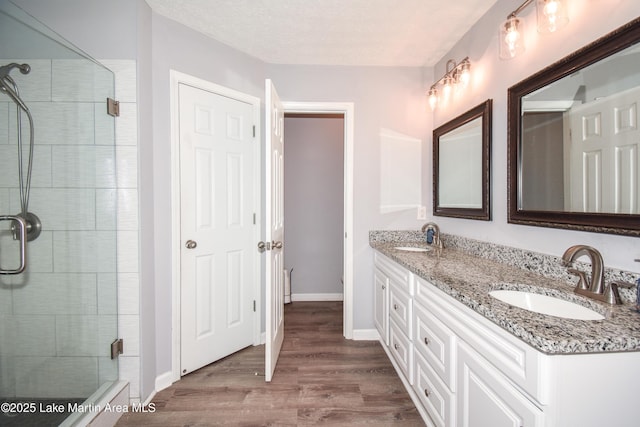 full bathroom featuring double vanity, a sink, a shower stall, and wood finished floors