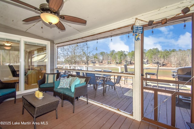 exterior space with an outdoor hangout area and ceiling fan