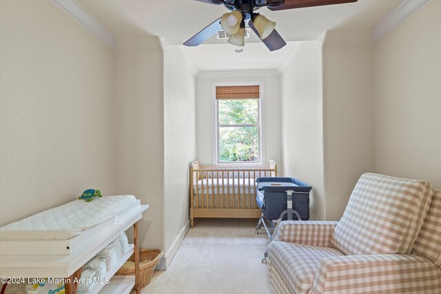 carpeted bedroom featuring ornamental molding