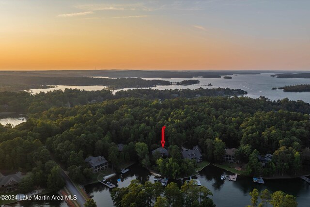 aerial view at dusk with a water view