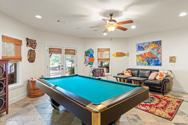 playroom with french doors, ceiling fan, and pool table