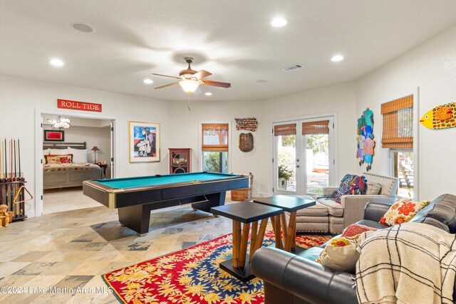 game room with billiards, french doors, and ceiling fan