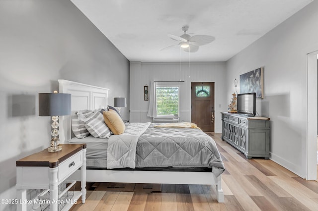 bedroom featuring ceiling fan and light hardwood / wood-style floors