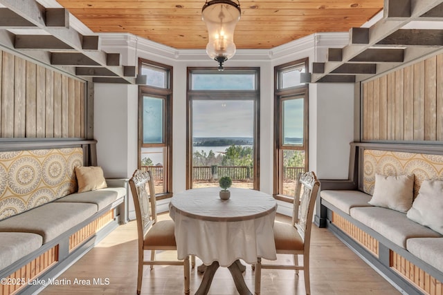 living area featuring light hardwood / wood-style flooring and wooden ceiling