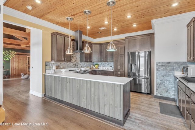 kitchen with appliances with stainless steel finishes, decorative light fixtures, ventilation hood, wood ceiling, and kitchen peninsula