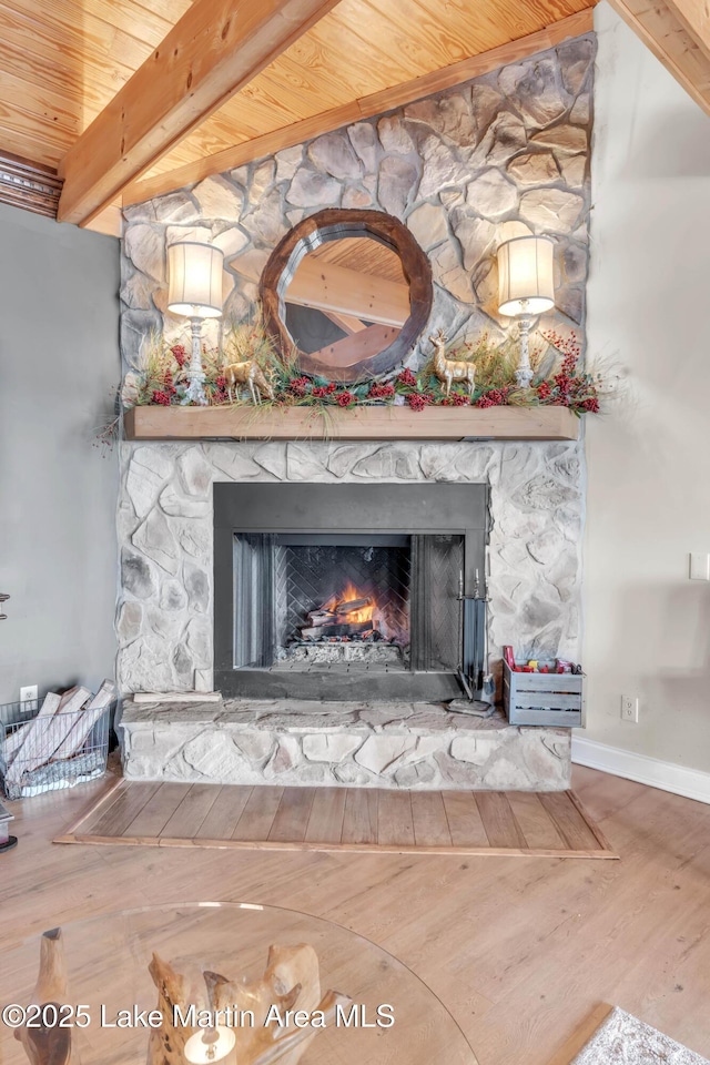 interior details featuring beamed ceiling, wood-type flooring, a fireplace, and wooden ceiling