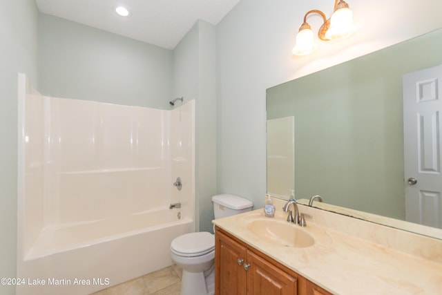 full bathroom with bathing tub / shower combination, tile patterned flooring, vanity, and toilet