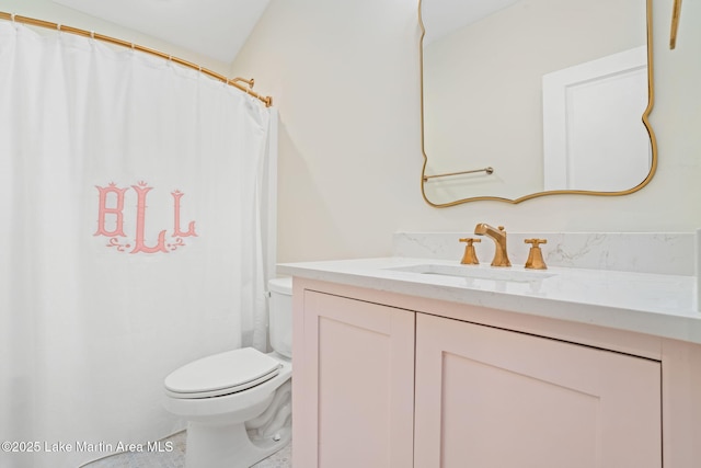 bathroom with vanity, toilet, and walk in shower