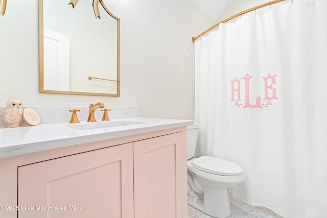 bathroom with vanity, toilet, and vaulted ceiling