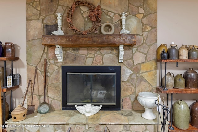 interior details with a fireplace