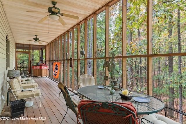 sunroom / solarium featuring ceiling fan and wood ceiling