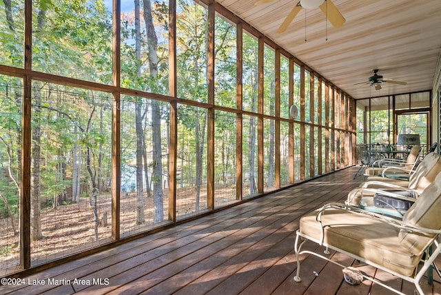 unfurnished sunroom featuring ceiling fan and wood ceiling