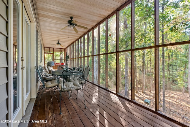 unfurnished sunroom featuring ceiling fan and wooden ceiling