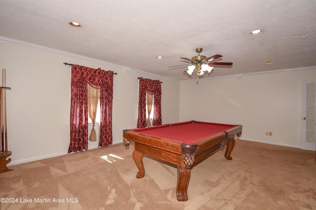 recreation room featuring ceiling fan, pool table, light colored carpet, and ornamental molding