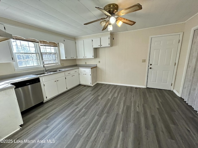 kitchen featuring sink, white cabinets, dishwasher, ornamental molding, and dark hardwood / wood-style floors