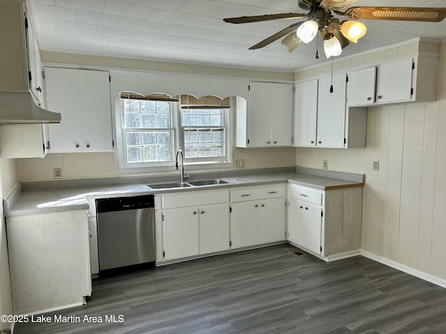 kitchen with stainless steel dishwasher, dark hardwood / wood-style floors, white cabinetry, ceiling fan, and sink