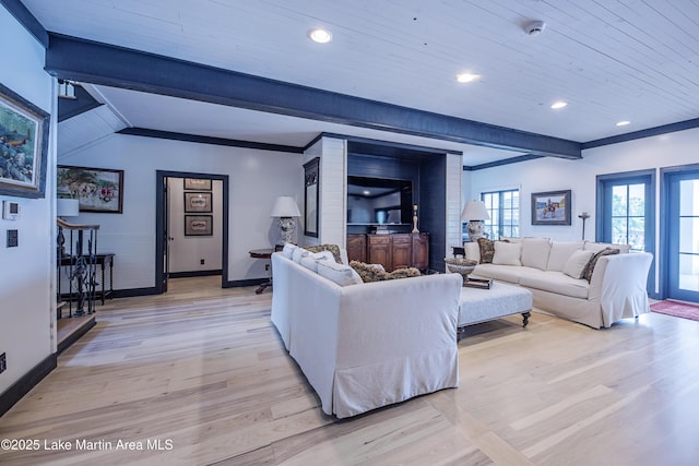 1071 Trillium W Pkwy, Eclectic, AL 36024 - living area featuring wood ceiling, light wood-type flooring, baseboards, vaulted ceiling with beams, and recessed lighting