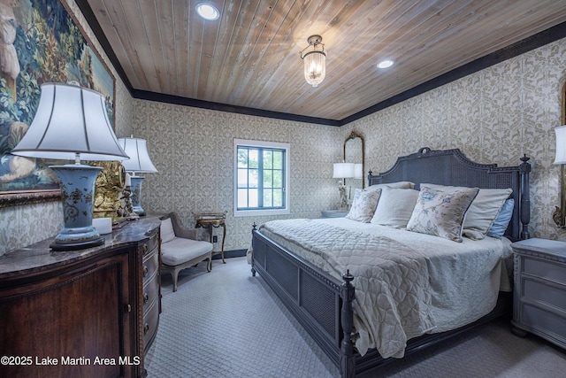 1071 Trillium W Pkwy, Eclectic, AL 36024 - carpeted bedroom featuring recessed lighting, wood ceiling, crown molding, and wallpapered walls