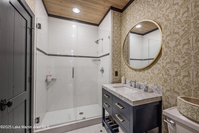 1071 Trillium W Pkwy, Eclectic, AL 36024 - full bathroom with wooden ceiling, toilet, wallpapered walls, and a shower stall