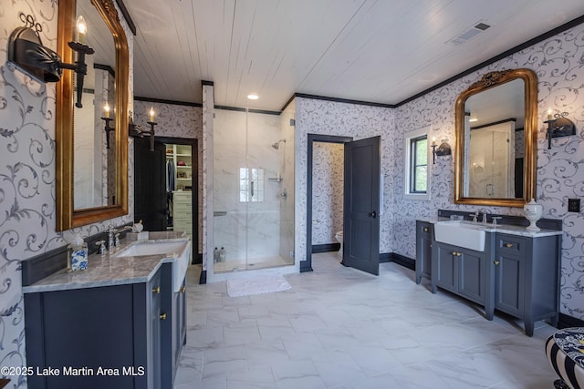 1071 Trillium W Pkwy, Eclectic, AL 36024 - full bathroom featuring a sink, a stall shower, wallpapered walls, and visible vents