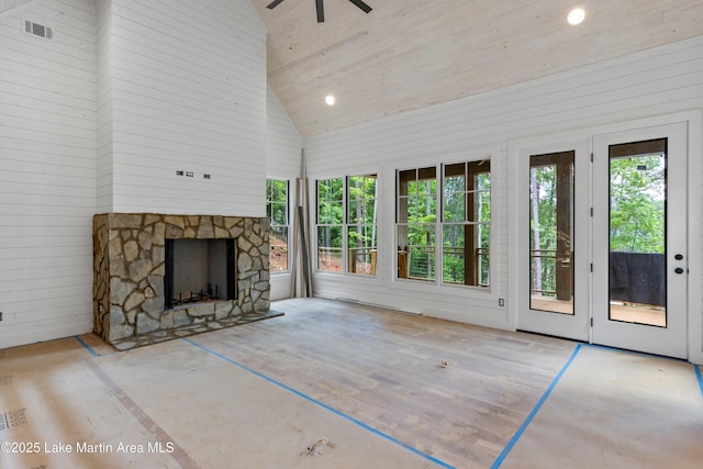 74 Cedar Rdg, Alexander City, AL 35010 - unfurnished living room with a ceiling fan, a fireplace, high vaulted ceiling, wooden ceiling, and recessed lighting