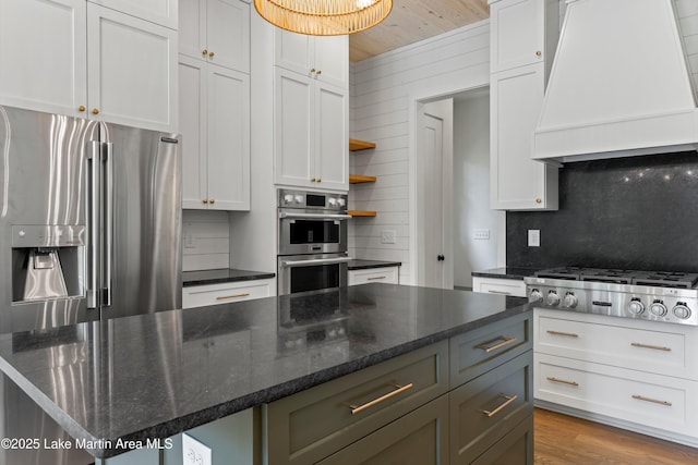 74 Cedar Rdg, Alexander City, AL 35010 - kitchen featuring custom exhaust hood, appliances with stainless steel finishes, backsplash, open shelves, and wooden ceiling