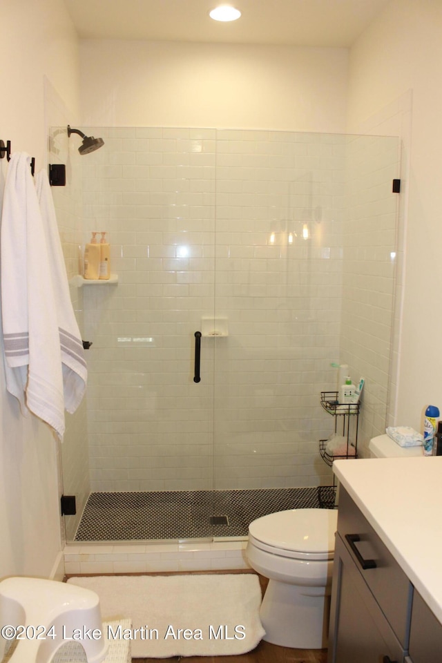 bathroom with vanity, a shower with shower door, and toilet