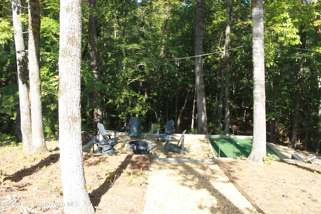 view of yard featuring a patio and an outdoor fire pit