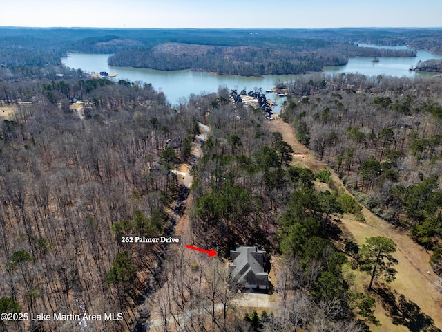 birds eye view of property featuring a forest view and a water view