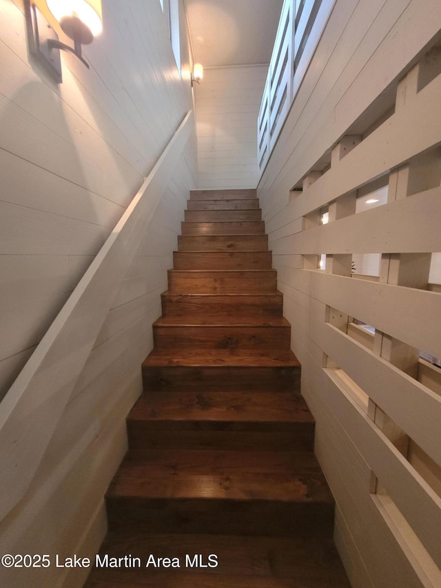 stairs featuring wooden walls