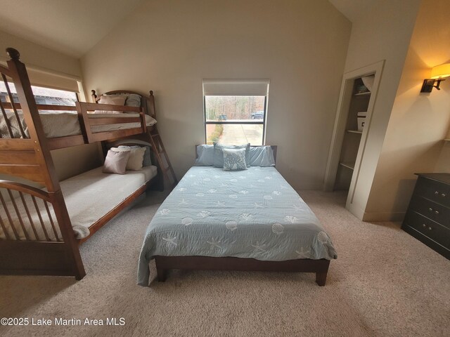 bedroom featuring carpet flooring, lofted ceiling, and multiple windows