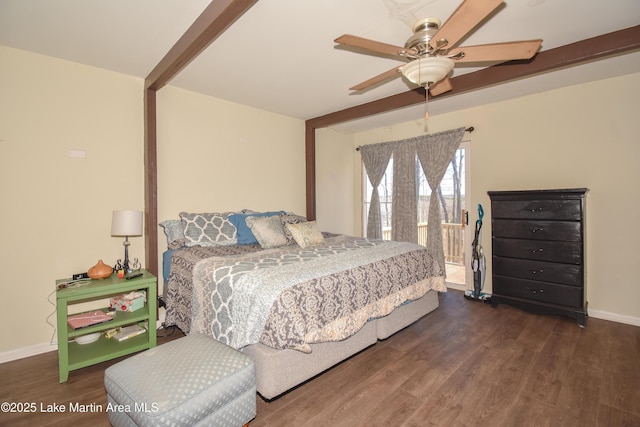 bedroom featuring a ceiling fan, beam ceiling, baseboards, and wood finished floors