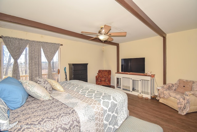 bedroom featuring beam ceiling, ceiling fan, and wood finished floors