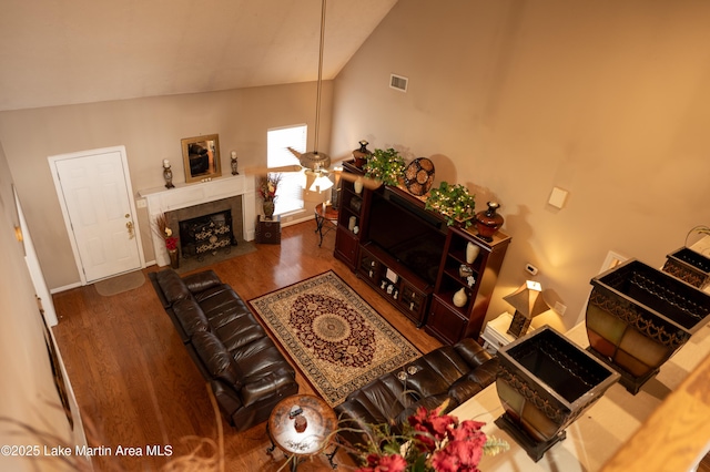 living room featuring lofted ceiling and dark hardwood / wood-style floors