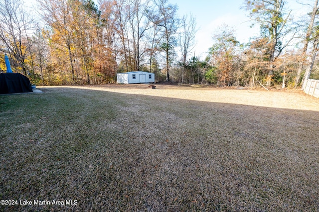 view of yard featuring a storage unit