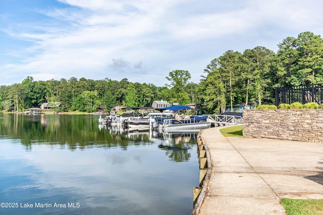 dock area with a boat ramp, a water view, and a view of trees