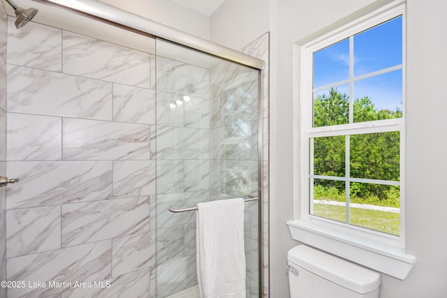 full bathroom with a shower stall and toilet
