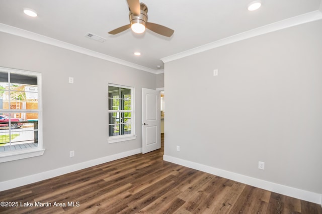 unfurnished room with ornamental molding, baseboards, a ceiling fan, dark wood-type flooring, and recessed lighting