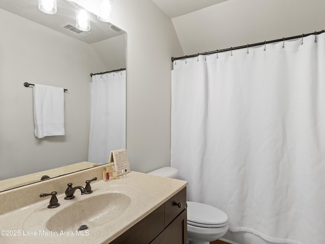 bathroom featuring vanity, toilet, and vaulted ceiling