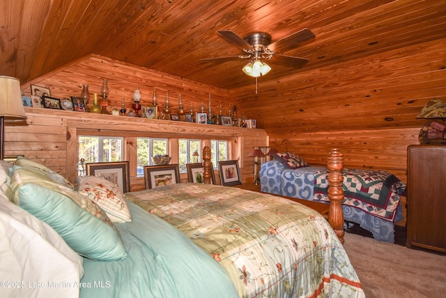 carpeted bedroom with vaulted ceiling, wooden walls, and wood ceiling