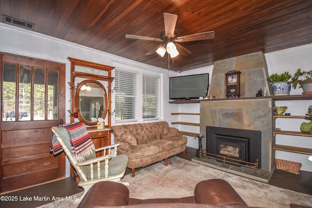 living room with a premium fireplace, ceiling fan, and wood ceiling