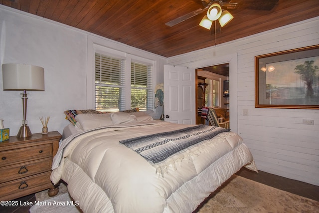 bedroom with wooden ceiling and wood walls